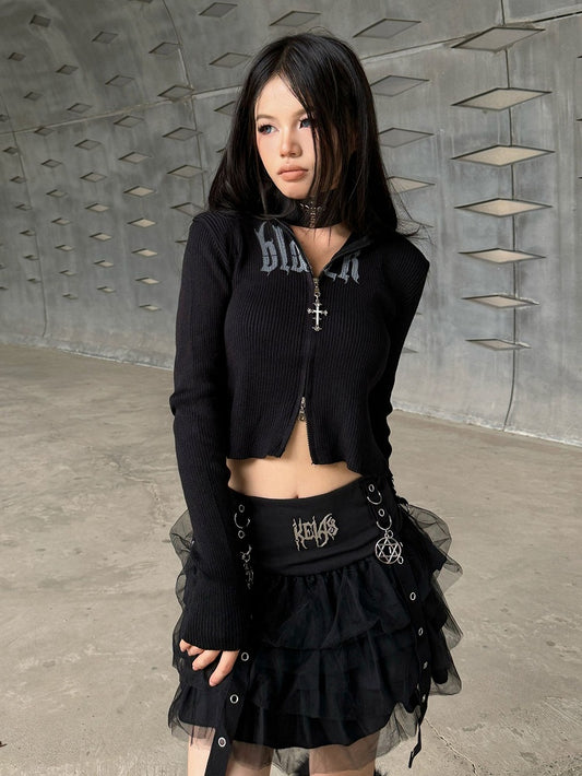 Black Punk Rock Zip Closure Knit Hooded Top