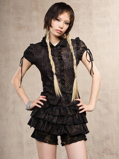 Y2K Gyaru Fashion Black Short Sleeve Leopard Print Punk Top with Ruffle Trim & Puff Sleeves