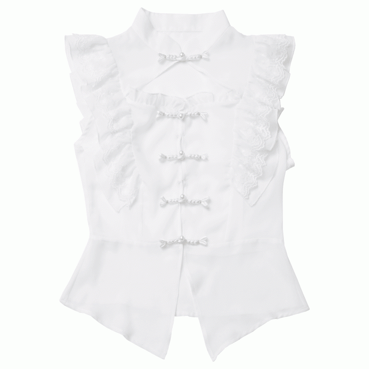 White Banded Collar Cheongsam Style Knot Buttons Flutter Sleeves Coverup