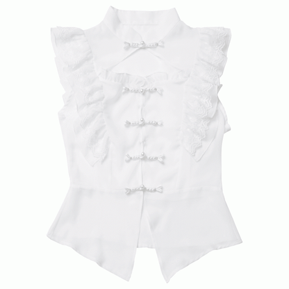 White Banded Collar Cheongsam Style Knot Buttons Flutter Sleeves Coverup