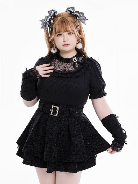 Jirai Kei Bowknots and Beads Decorated Illusion Neckline Black Blouse with Free Armwear