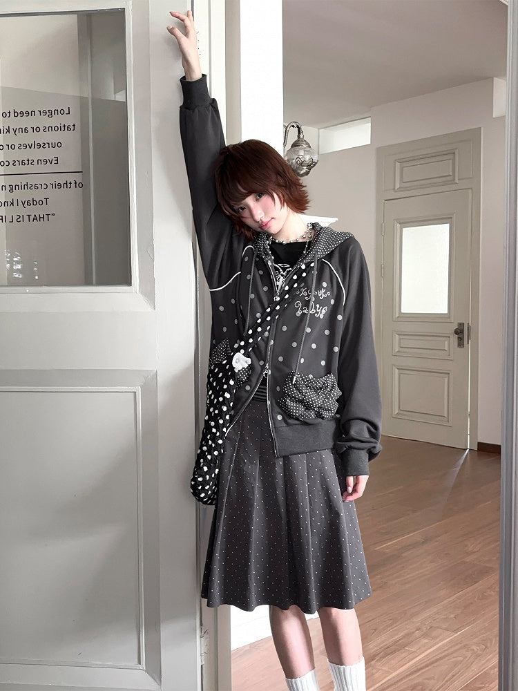 Black / Gray Polka Dot Raglan Sleeve Hoodie Jacket with Decorative Bow