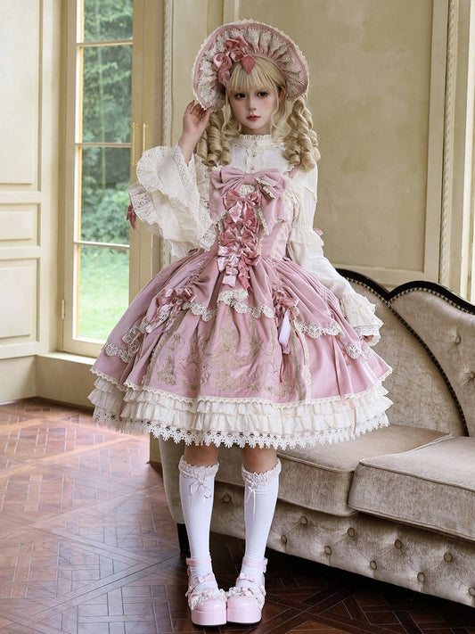 Bows Decoration Candle Embroidery Pink Velvet Dress Lolita JSK / Set