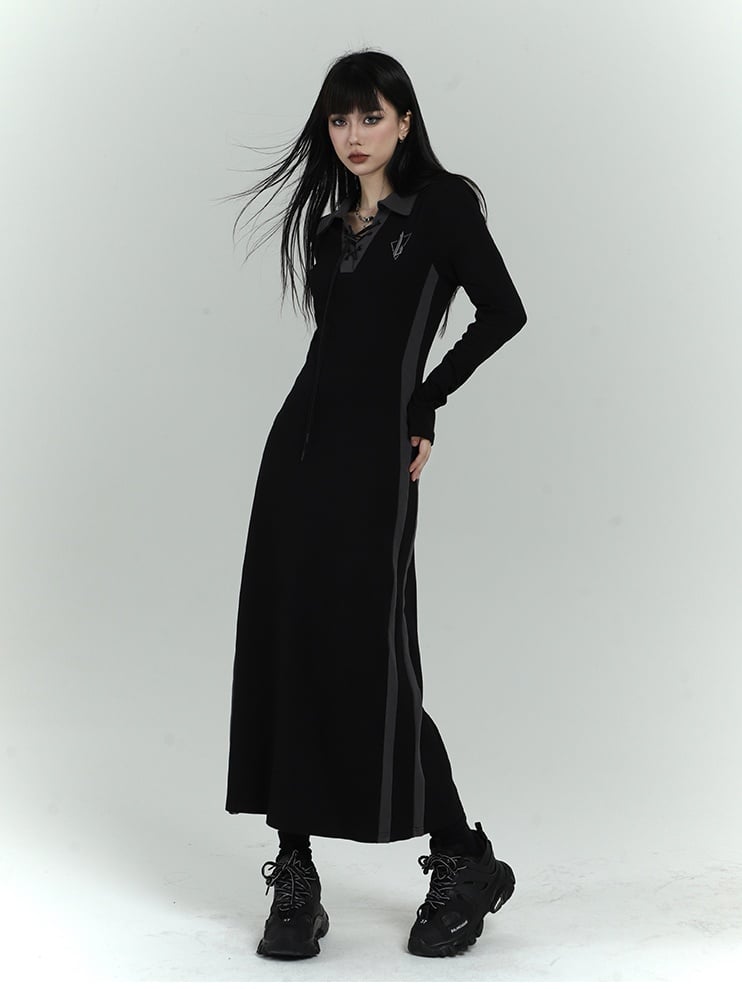 Gothic Black Dress with Lace-up Detail at Front