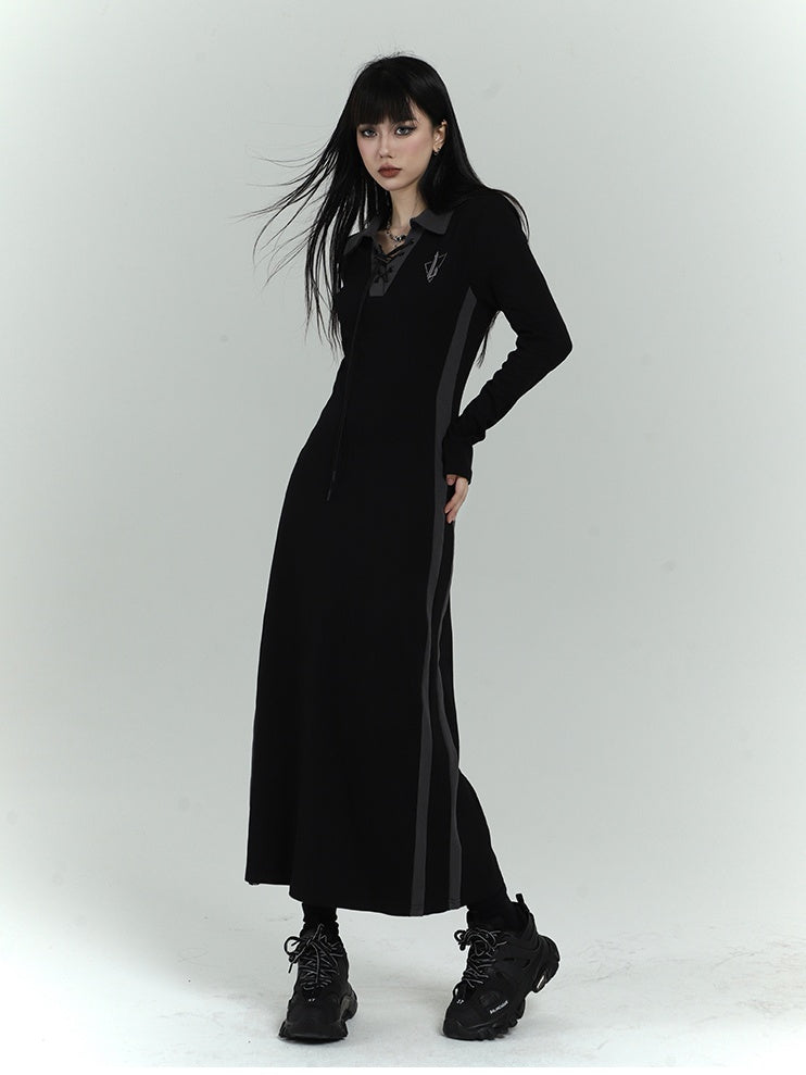 Gothic Black Dress with Lace-up Detail at Front