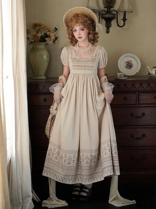 Brown Vintage Embroidery Empire Waist Elegant Lolita One Piece Long/Short Version