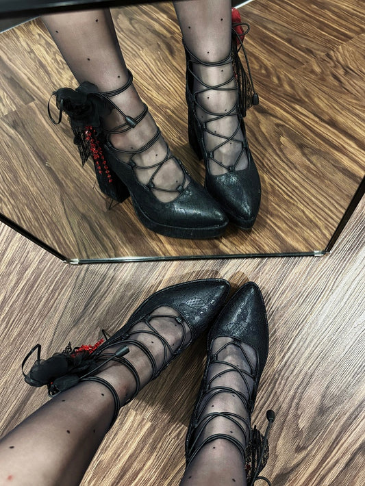 Black Punk Gothic High Block Heels - Black/Red Flower Clips, Back Zip Closures & Crossed Straps