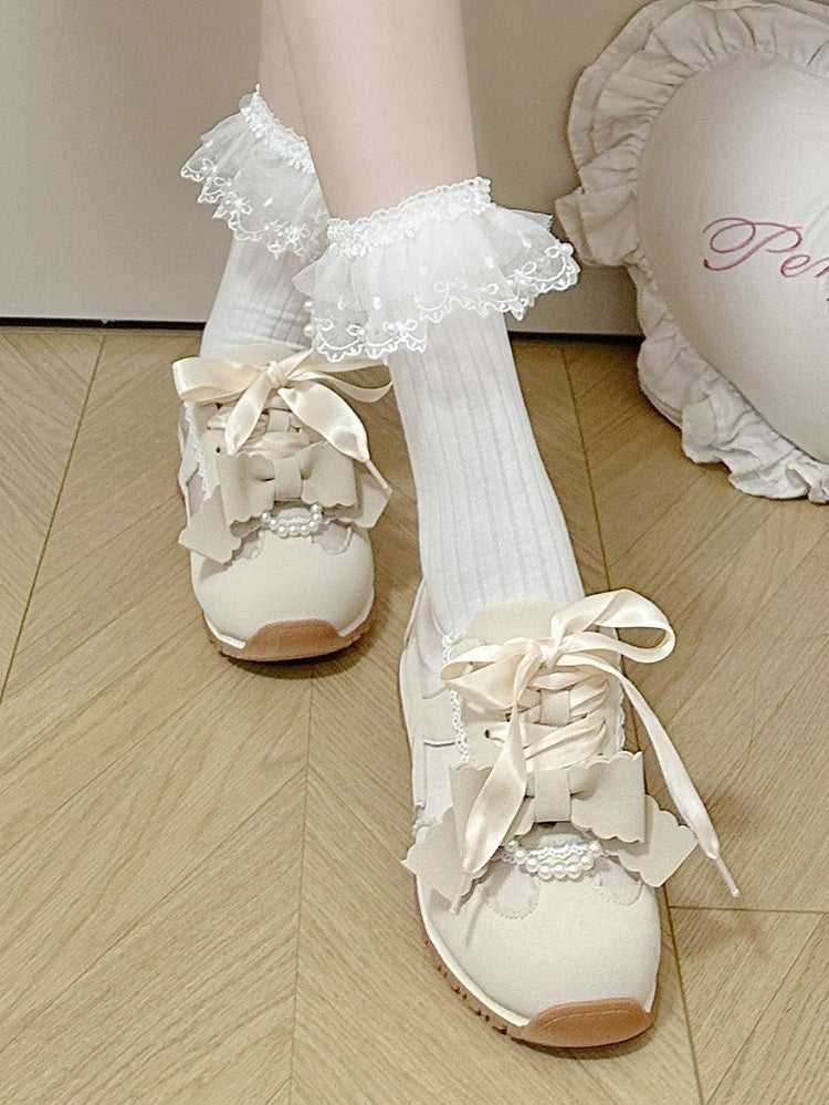 Detachable Bead-Embellished Bow & Functional Lace-Up Apricot Sneakers in Sweet Lolita