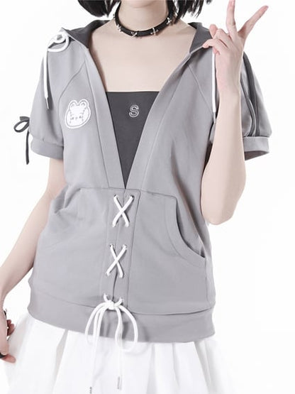 Grey Lace-up Detail Hooded T-Shirt Faux Two-pieces