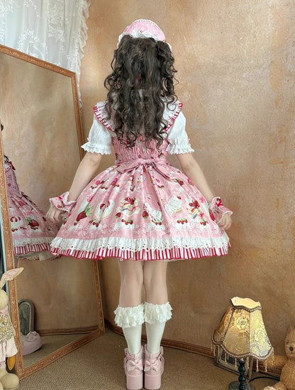 Bows and Strawberry Dessert Print Pink Sweet Lolita Jumper Skirt
