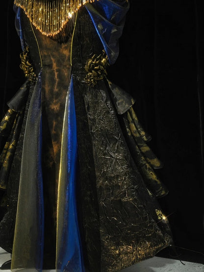 Black and Gold Victorian Goth Mermaid Skirt with Removable Roses Pin and Bead Chain