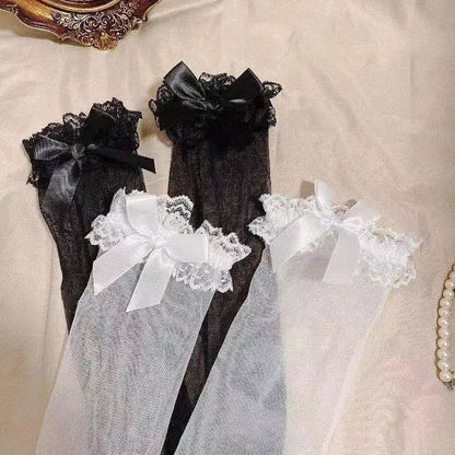 White/Black Semi-sheer Ruffled Lace Cuff Bow Over Knee Stockings