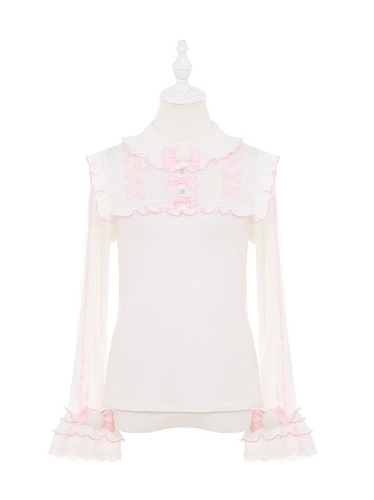White and Pink Lettuce Hem Sweet Lolita Top
