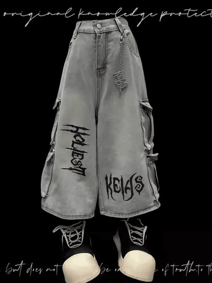 Light Blue Punk Rock Wide-leg Cargo Jeans with Free Charm