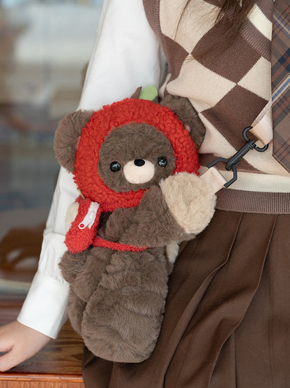 Brown Bear Plush Backpack/Crossbody Bag + Red Apple Hat + Red Apple Backpack Keychian Middle/Large Size