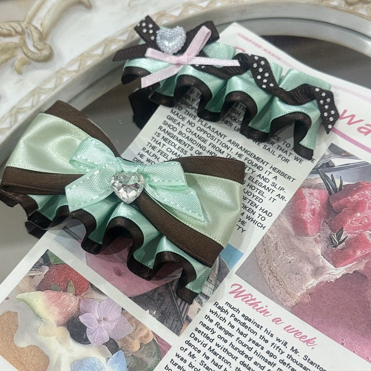 2 Options Green&Brown Rhinestone Heart Decorated Ruffled Bowknot Hairclip