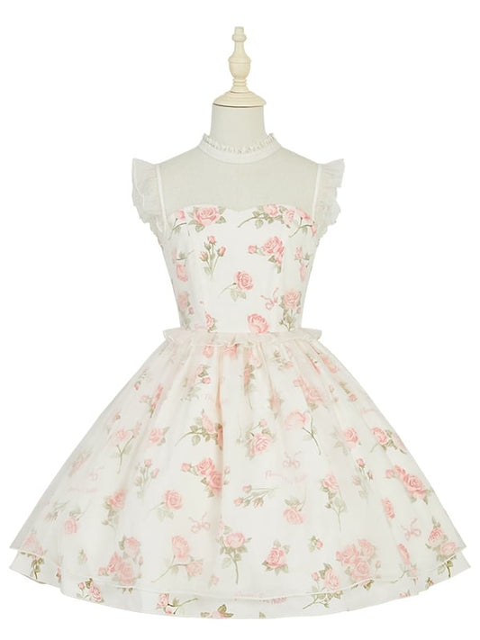 Pink Rosette Print White Illusion Neckline Summer Lolita Dress