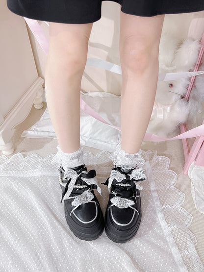 Jirai Kei Black Rhinestone Platform Shoes with Detachable Beaded Chain