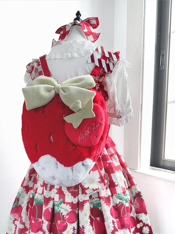 Red / Pink / Black Plush Strawberry Backpack, Convertible Crossbody Bag with Adjustable Strap