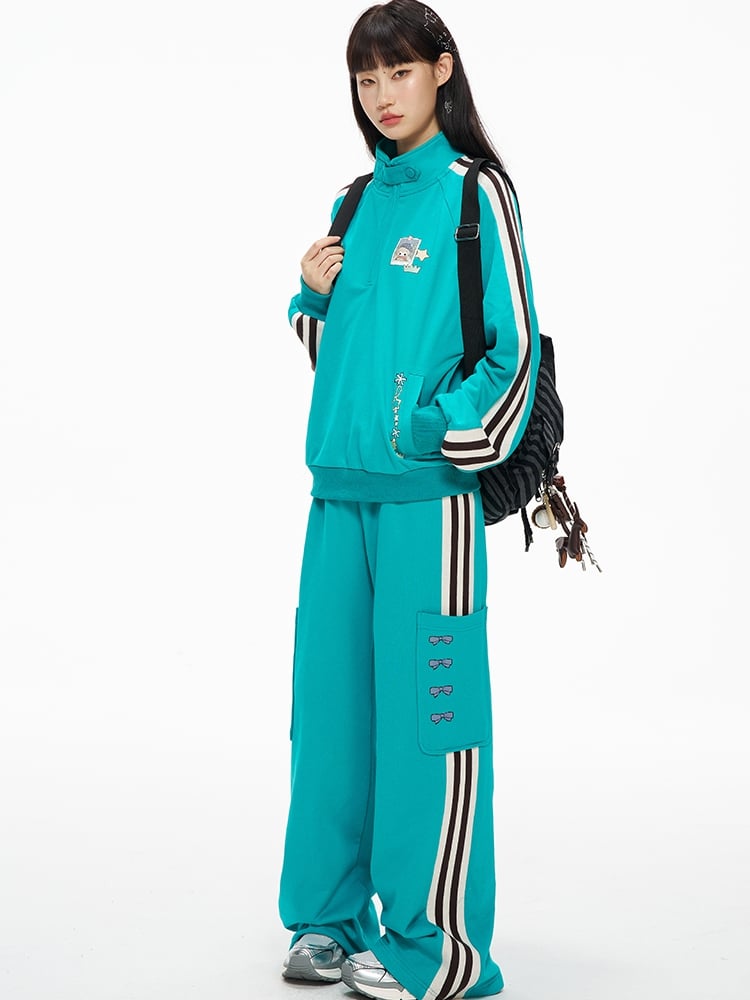 Blue High Neck Sporty Sweatshirt with Side Stripes