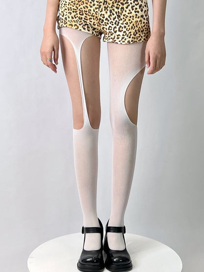 Black/White Asymmetrical Design Cut-out Details Tights