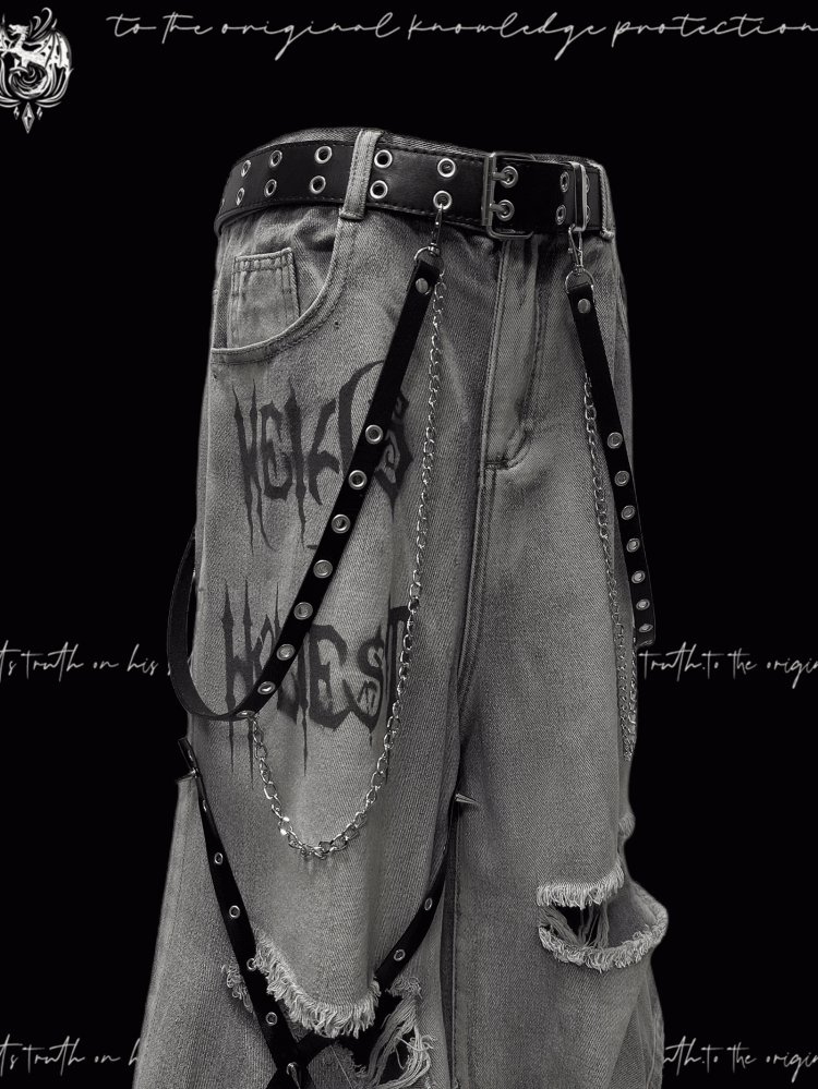 Y2K Blue Criss-cross Straps Design Distressed Holes Punk Jeans