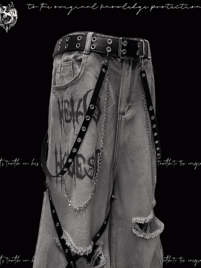 Y2K Blue Criss-cross Straps Design Distressed Holes Punk Jeans