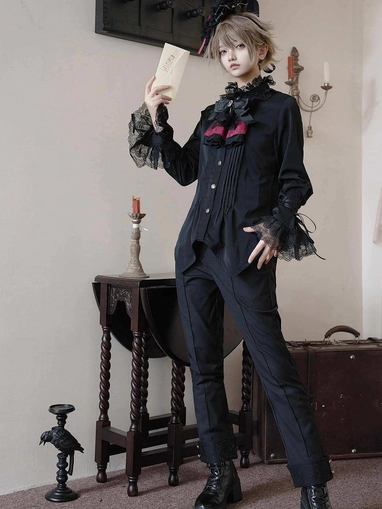 Black Ouji Lolita Ruffle Neckline Prince Style Long Sleeves Shirt