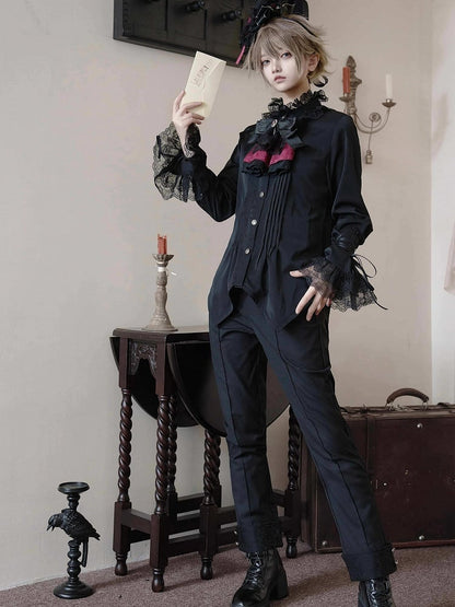 Black Ouji Lolita Ruffle Neckline Prince Style Long Sleeves Shirt
