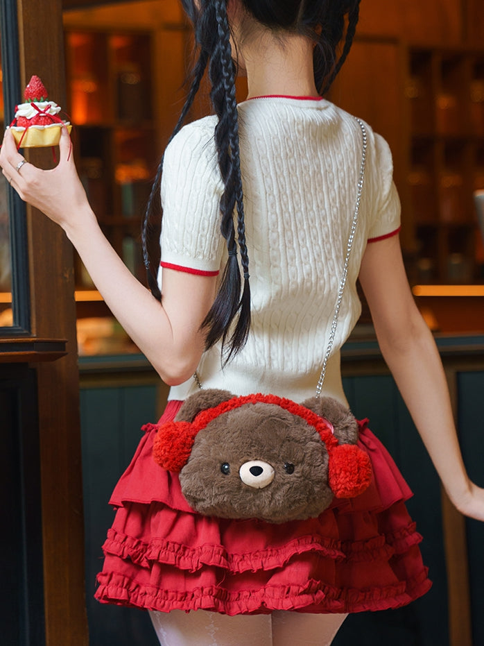 Blue&Brown Suede Letter And Star Embroidery Backpack With A Detachable Bear Plushie