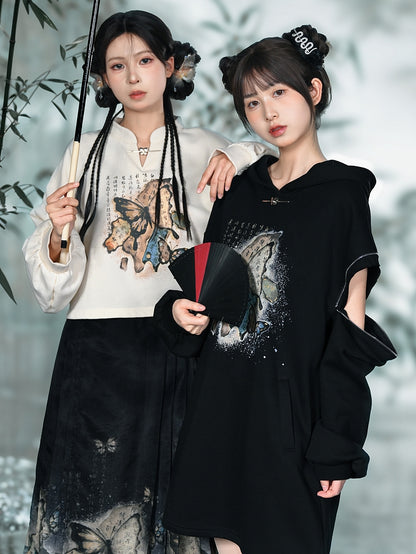 Cheongsam Style Butterfly Print Black/Apricot Banded Collar Sweatshirt