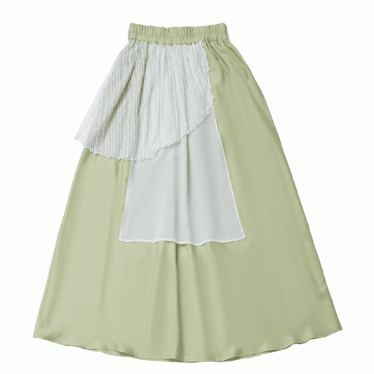 Green Cheongsam Style Elastic Waist Long Skirt with Waist Belt