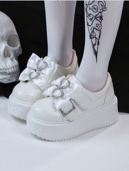 Regular/Thicken Version Rhinestone Heart Decor Bow Details & Slip-in Fit Design PU White Platform Shoes in Jirai Kei