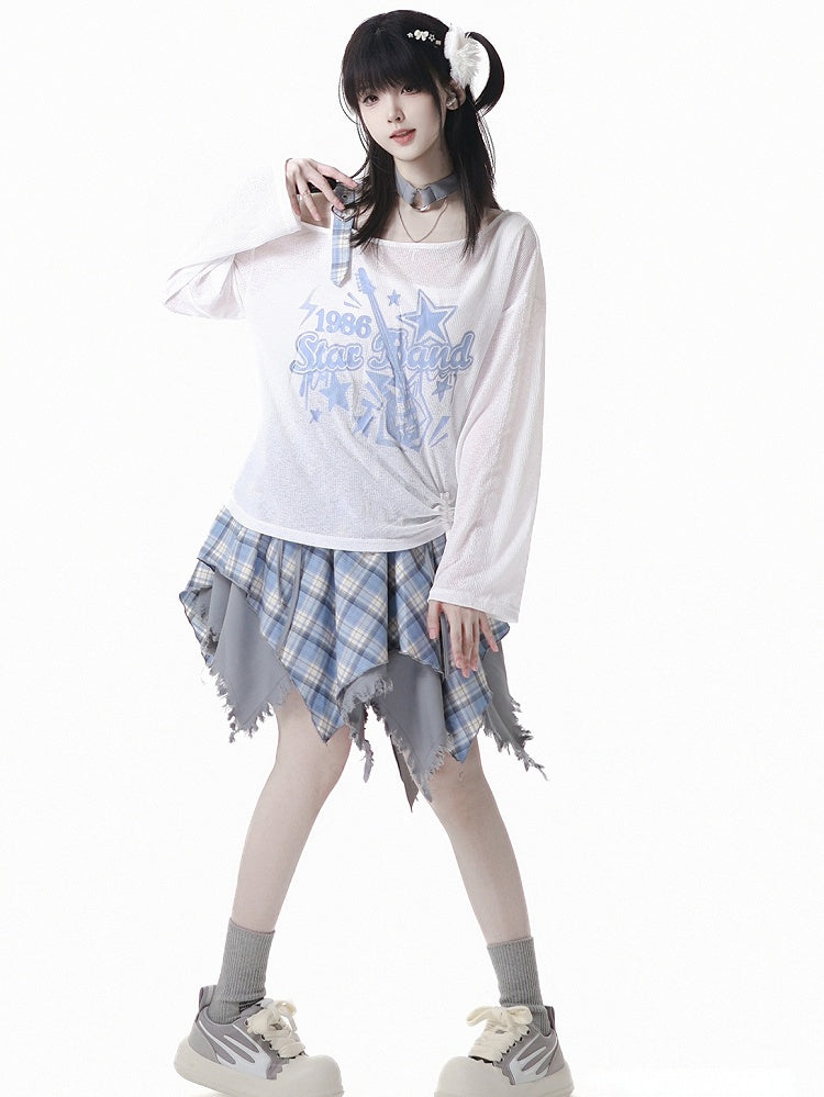 Frayed Handkerchief Hem Blue & White /Black & White Plaid Skirt