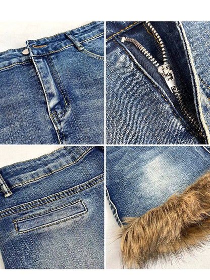 Gyaru Fashion Plush Hem Blue Denim Skirt + Buckle Straps Side Slit Leg Warmers