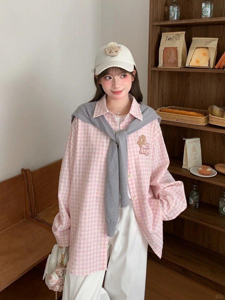 Adorable Bear Embroidery Pink Loose Plaid Shirt