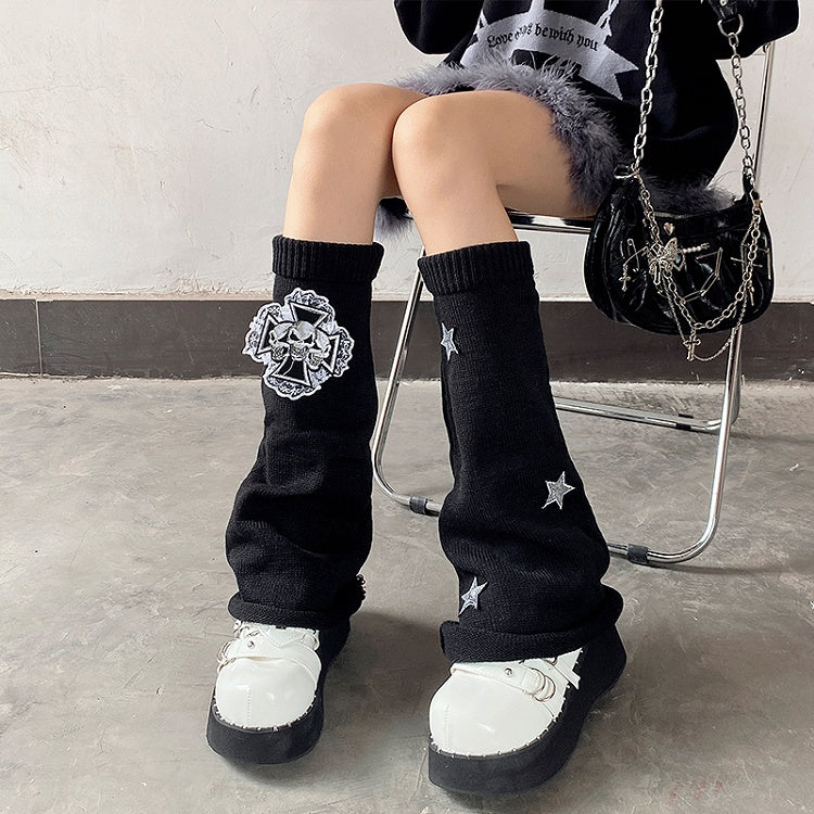 Cross Skulls Sequin Stars Details Leg Warmers Black/Red/White