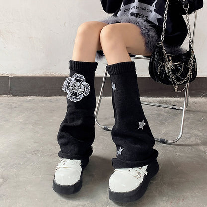 Cross Skulls Sequin Stars Details Leg Warmers Black/Red/White