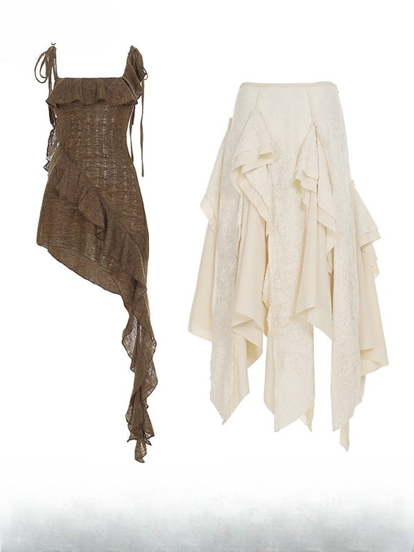 Brown Millard Fashion Asymmetrical Hem Cami Dress + Bell Sleeves Cardigan + White Asymmetrical Hem Skirt