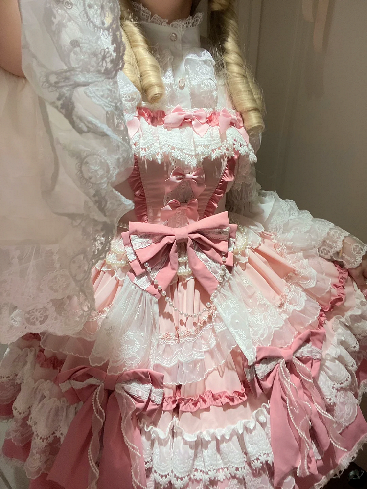 Pink Detachable Bows and Bead Details Sweet Tiered Skirt Lolita Dress
