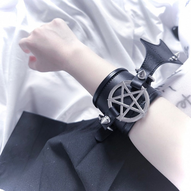 Black Pentagram Bat Wing Stud Punk Bracelet