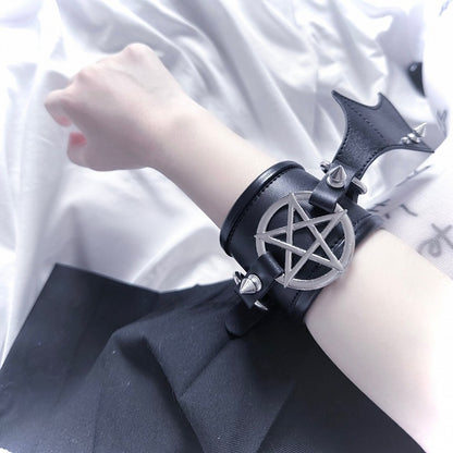 Black Pentagram Bat Wing Stud Punk Bracelet