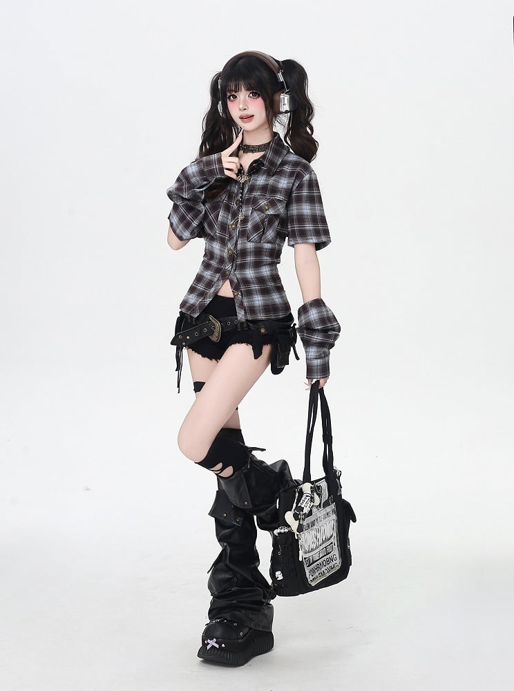 Blue and Brown Plaid Lace-up Back Backless Shirt with Detachable Armwears