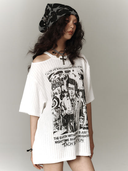 Punk White Asymmetrical Cutout Shoulder Graphic T-shirt