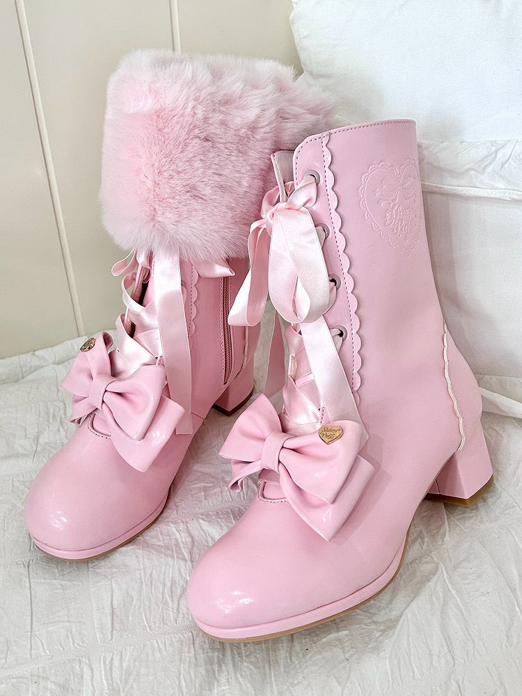 Removable Bow, Plush Top & Lace-up Closure PU Pink Mid-calf Boots in Sweet Lolita