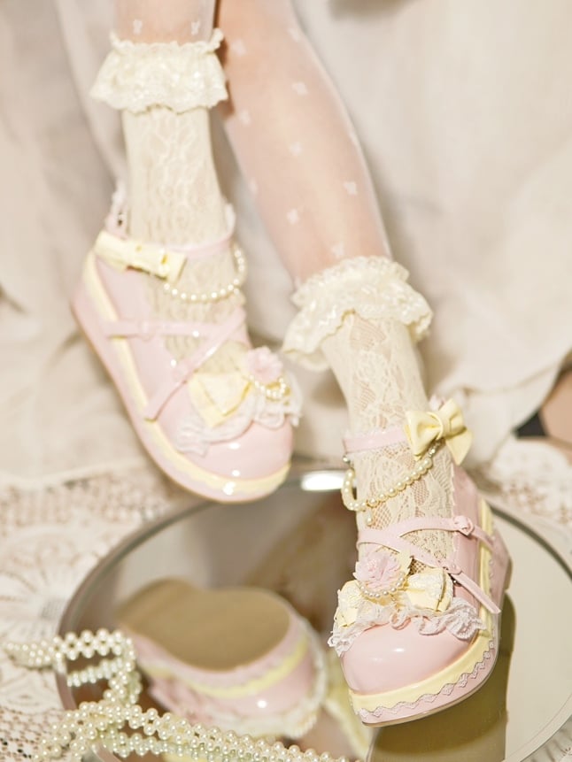 Pink Floral Design Bow at Top Lace Trim Heart Buckle Platforms With Detachable Beaded Chain