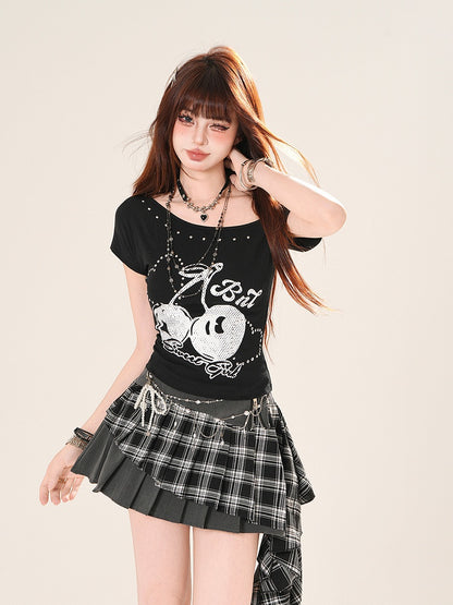 Asymmetrical Neckline Cherry Print Heart Rhinestones Black/White T-shirt
