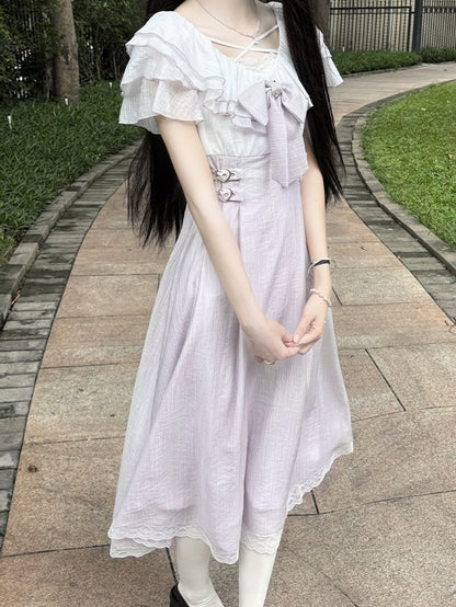 Jirai Kei Lavender Heart Buckles Waist Tiered Flounce Hem Neckline Long Version Dress with Bowtie