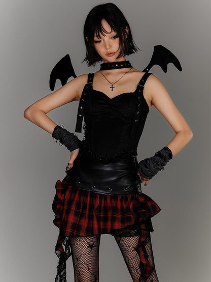 Y2K Asymmetrical Ruffled Red Plaid Hem Black PU Punk Skirt