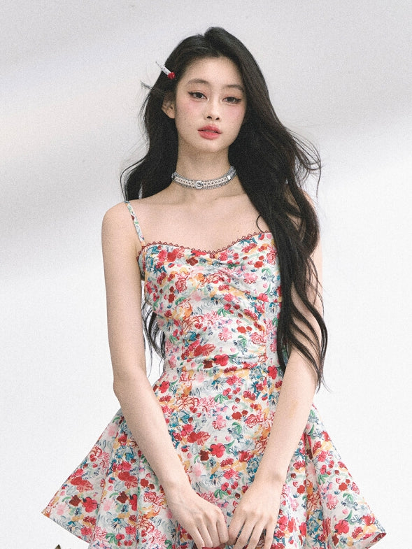 Allover Floral Print Sweetheart Neckline Red Holiday Mini Slip Dress